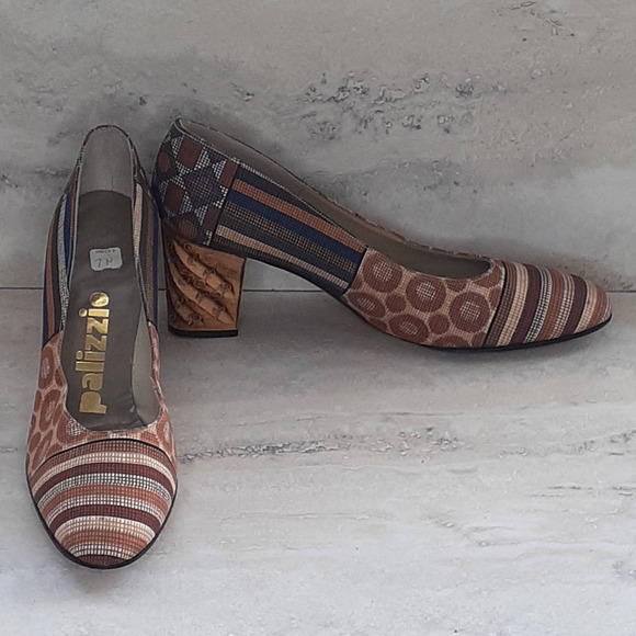 Palizzio Shoes - Ladies Vintage Palizzio Wooden Heeled Cloth & Leather Multi Colored Shoe 7AA